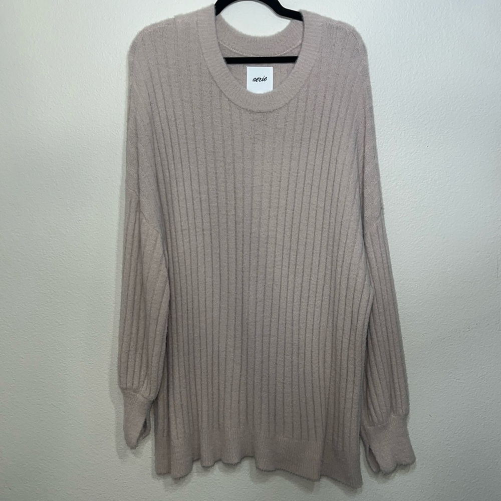 aerie Ribbed Crewneck Sweater in Light Taupe